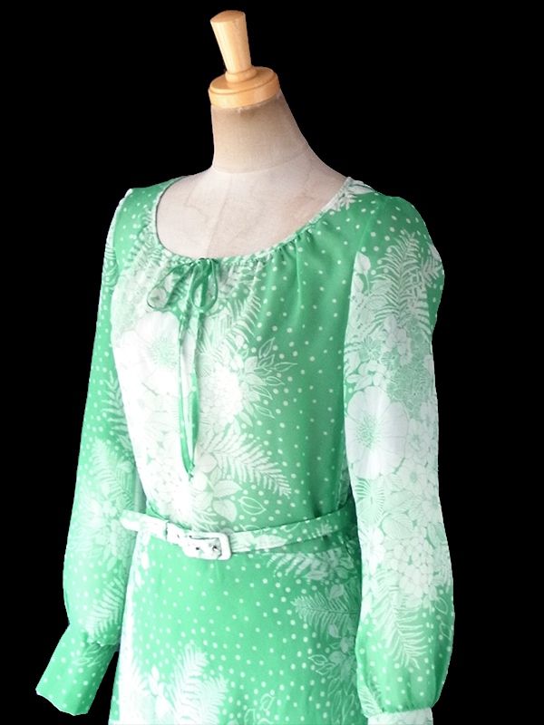 ヨーロッパ古着 ロンドン買い付け 70年代製 エメラルドグリーン X ホワイト 花柄 共布ベルト付き ヴィンテージ ワンピース 18SR006