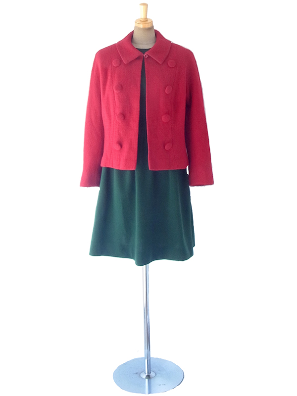 ヨーロッパ古着  60年代フランス製 レッド X くるみボタン ヴィンテージ ウール ジャケット 18SR008