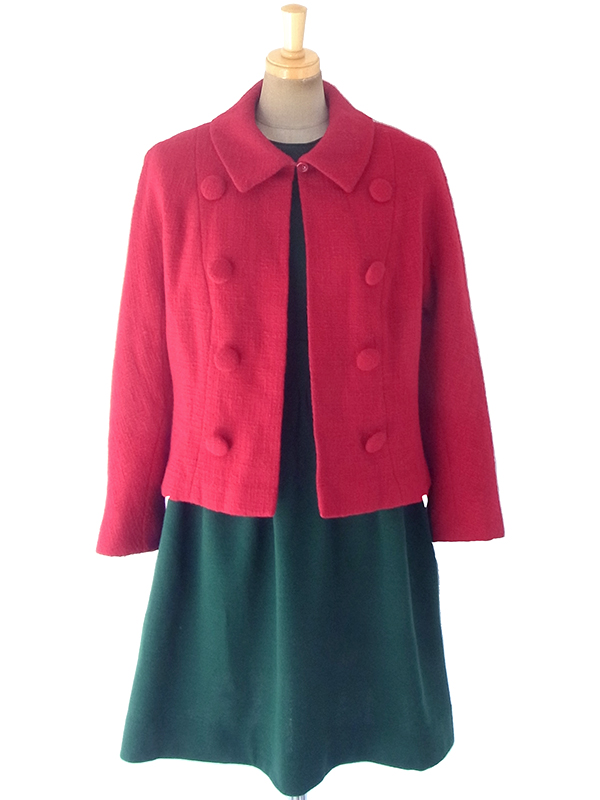 ヨーロッパ古着  60年代フランス製 レッド X くるみボタン ヴィンテージ ウール ジャケット 18SR009