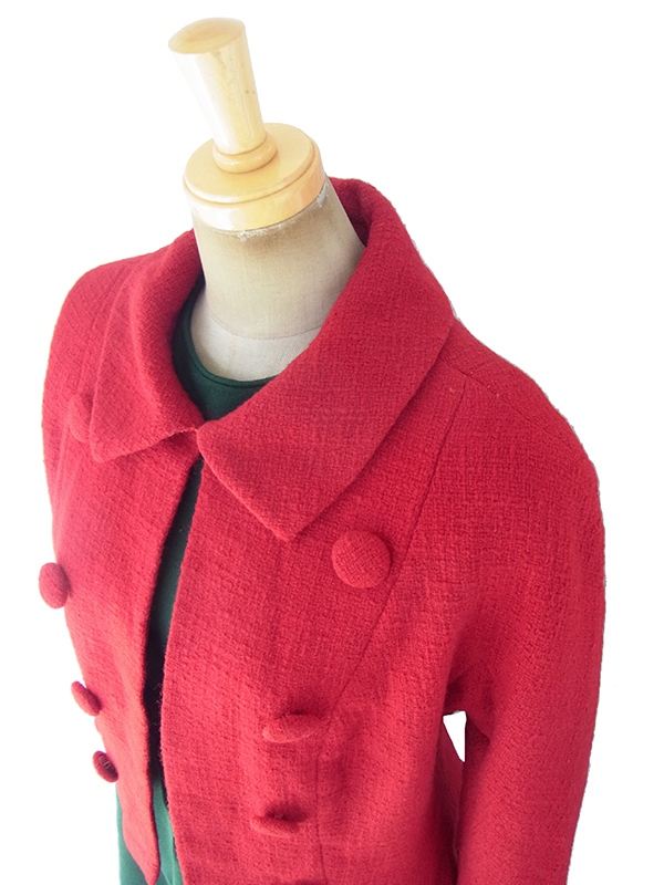 ヨーロッパ古着  60年代フランス製 レッド X くるみボタン ヴィンテージ ウール ジャケット 18SR014