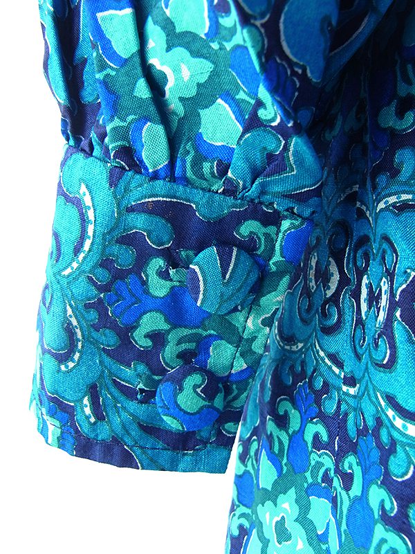 ヨーロッパ古着 ロンドン買い付け 60年代製 ターコイズブルー アラベスク模様 共布ベルト付き コットンシルク ワンピース 19BS029