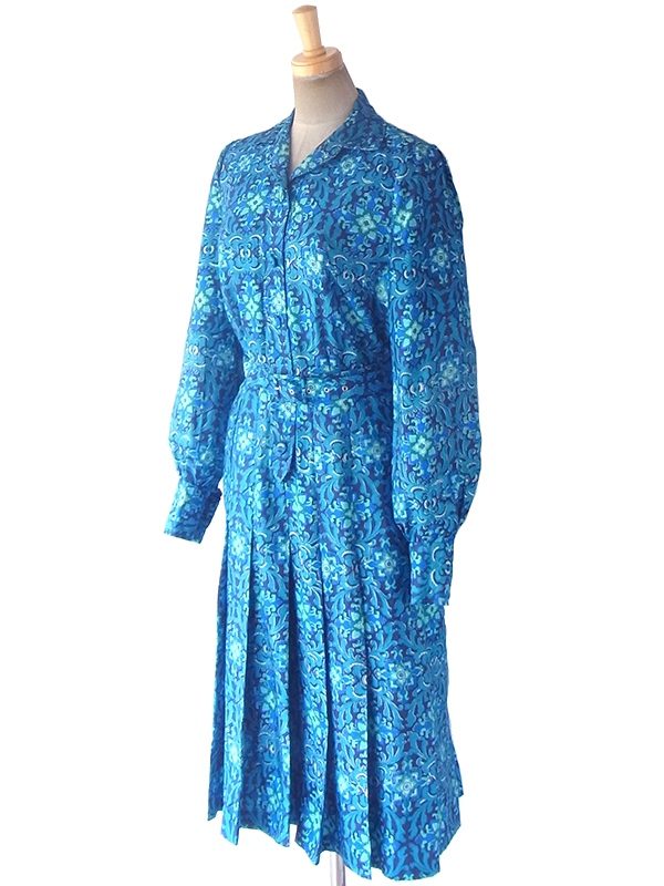 ヨーロッパ古着 ロンドン買い付け 60年代製 ターコイズブルー アラベスク模様 共布ベルト付き コットンシルク ワンピース 19BS029