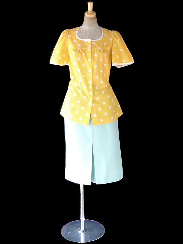 ヨーロッパ古着 ロンドン買い付け 60年代製 イエロー X ホワイト 水玉 ペプラム ブラウス 19BS035