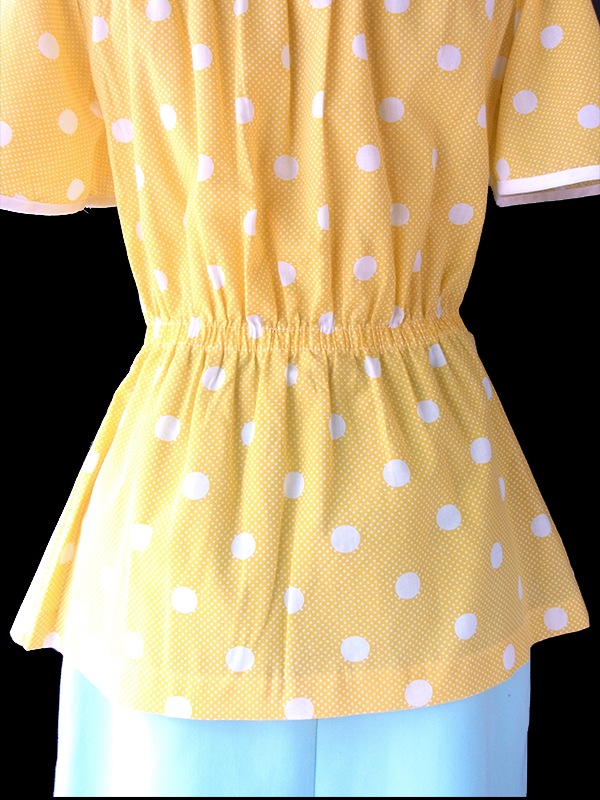 ヨーロッパ古着 ロンドン買い付け 60年代製 イエロー X ホワイト 水玉 ペプラム ブラウス 19BS035