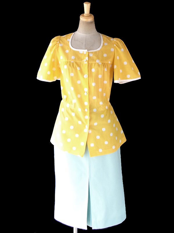ヨーロッパ古着 ロンドン買い付け 60年代製 イエロー X ホワイト 水玉 ペプラム ブラウス 19BS035