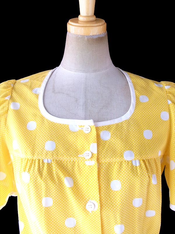 ヨーロッパ古着 ロンドン買い付け 60年代製 イエロー X ホワイト 水玉 ペプラム ブラウス 19BS035