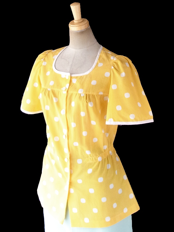 ヨーロッパ古着 ロンドン買い付け 60年代製 イエロー X ホワイト 水玉 ペプラム ブラウス 19BS035