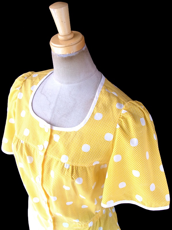 ヨーロッパ古着 ロンドン買い付け 60年代製 イエロー X ホワイト 水玉 ペプラム ブラウス 19BS035