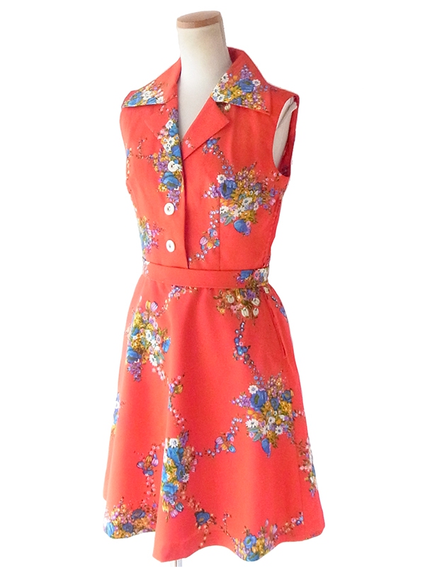 ヨーロッパ古着 ロンドン買い付け 70年代製 レッド X カラフル花柄 共布ベルト付き ヴィンテージ ワンピース 19BS125