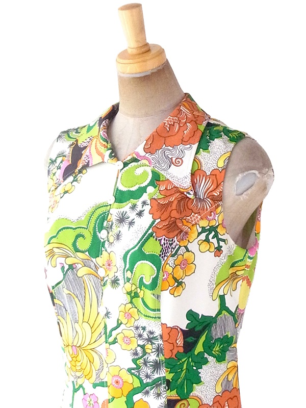 ヨーロッパ古着 ロンドン買い付け 70年代製 ホワイト X カラフル花柄 ヴィンテージ ワンピース 19BS127