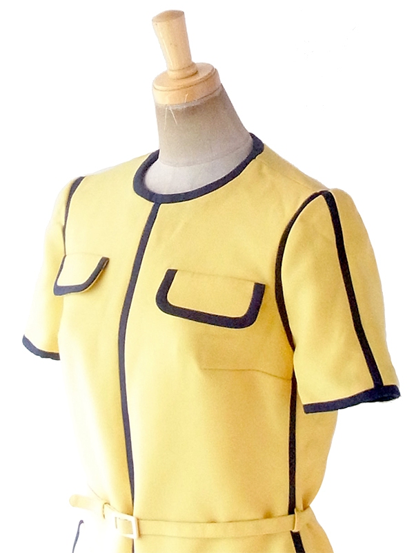 ヨーロッパ古着 ロンドン買い付け 60年代製 イエロー X ネイビー 共布ベルト付き ヴィンテージ ウール ワンピース 19BS130