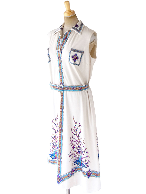 ヨーロッパ古着 ロンドン買い付け 70年代製 アイボリー X ブルー・パープル レトロ柄 共布ベルト付き ヴィンテージ ワンピース 19BS207