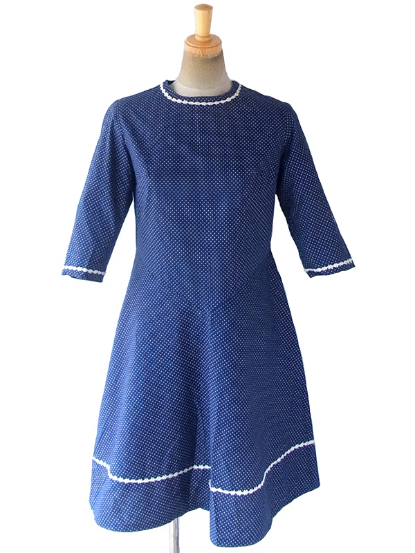 ヨーロッパ古着 ロンドン買い付け 60年代製 ブルー X ホワイト 水玉 レーステープ ヴィンテージ ワンピース 19FC008