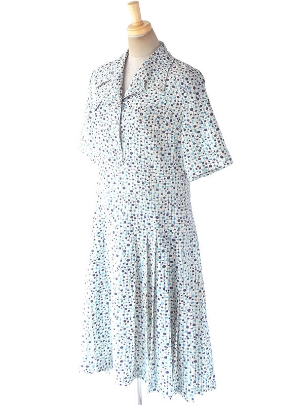 ヨーロッパ古着 フランス買い付け 60年代製 オフホワイト X パープル・水色 格子・水玉 プリーツ ワンピース 19FC025