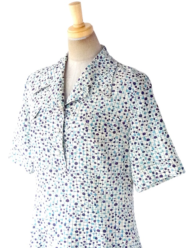 ヨーロッパ古着 フランス買い付け 60年代製 オフホワイト X パープル・水色 格子・水玉 プリーツ ワンピース 19FC026