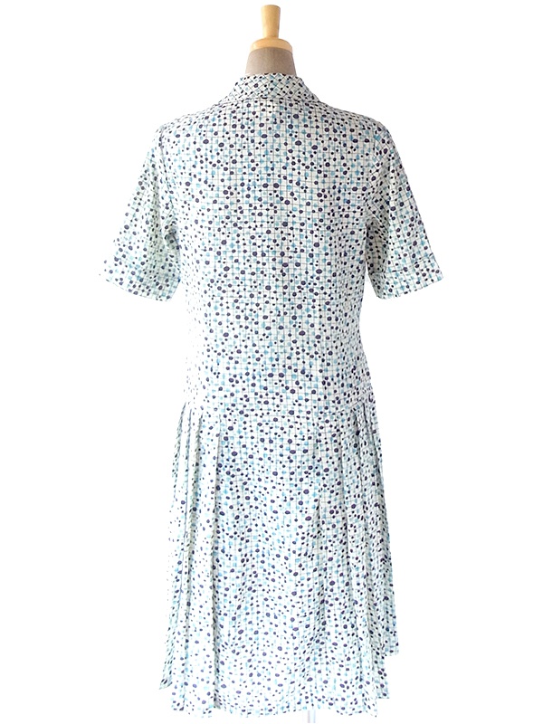 ヨーロッパ古着 フランス買い付け 60年代製 オフホワイト X パープル・水色 格子・水玉 プリーツ ワンピース 19FC028
