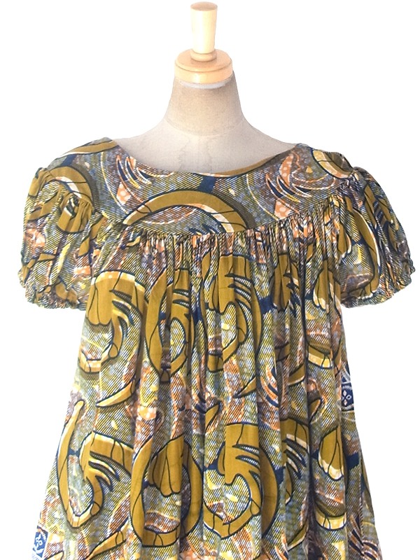 ヨーロッパ古着 フランス買い付け 60年代製 ゴールド X ブルー・オレンジ アフリカンファブリック ギャザー ワンピース 19FC110