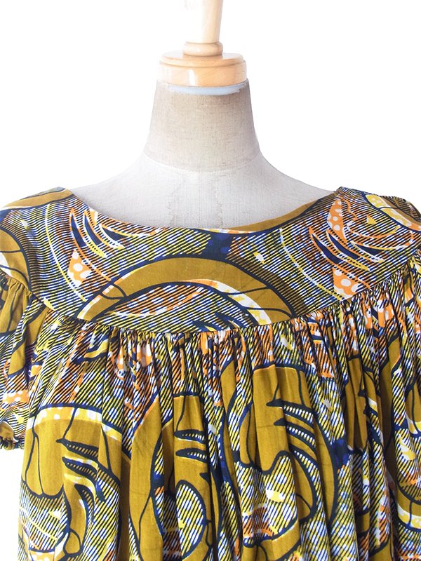 ヨーロッパ古着 フランス買い付け 60年代製 ゴールド X ブルー・オレンジ アフリカンファブリック ギャザー ワンピース 19FC110