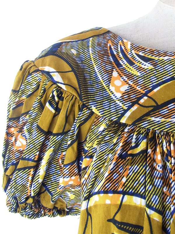 ヨーロッパ古着 フランス買い付け 60年代製 ゴールド X ブルー・オレンジ アフリカンファブリック ギャザー ワンピース 19FC110