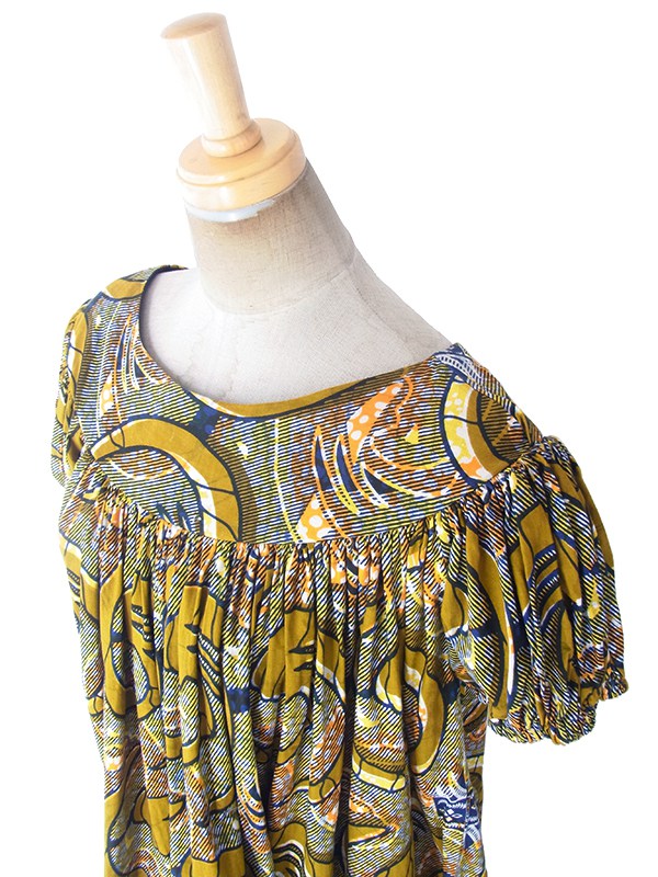 ヨーロッパ古着 フランス買い付け 60年代製 ゴールド X ブルー・オレンジ アフリカンファブリック ギャザー ワンピース 19FC110
