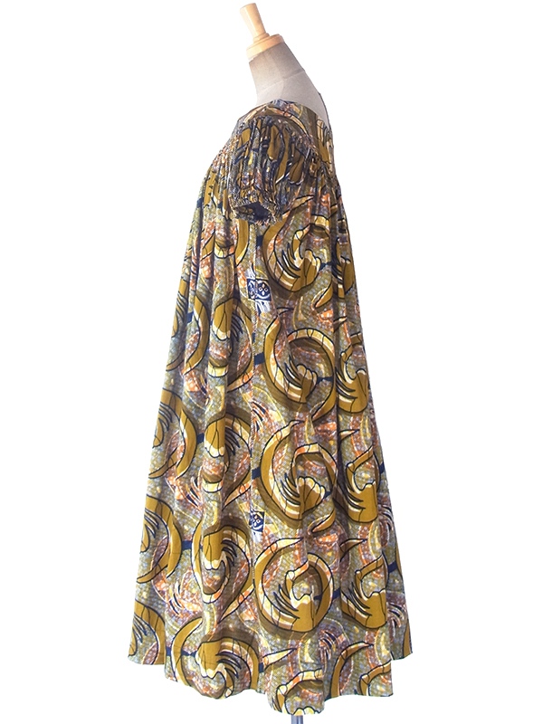 ヨーロッパ古着 フランス買い付け 60年代製 ゴールド X ブルー・オレンジ アフリカンファブリック ギャザー ワンピース 19FC110