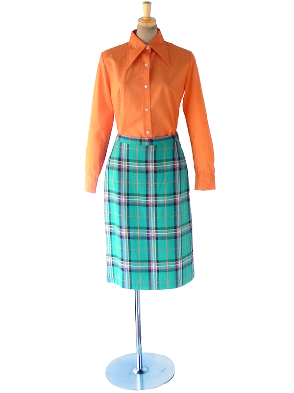 ヨーロッパ古着 フランス買い付け 60年代製 グリーン X カラフルチェック柄 ステッチ ヴィンテージ スカート 19FC116
