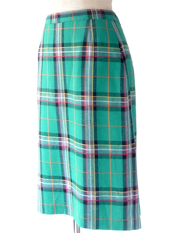 ヨーロッパ古着 フランス買い付け 60年代製 グリーン X カラフルチェック柄 ステッチ ヴィンテージ スカート 19FC116