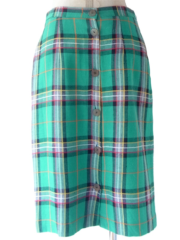 ヨーロッパ古着 フランス買い付け 60年代製 グリーン X カラフルチェック柄 ステッチ ヴィンテージ スカート 19FC116