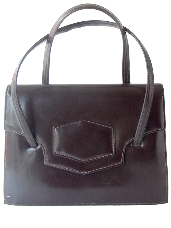   ヨーロッパ古着 フランス買い付け 光沢のあるダークブラウン X ステッチ ヴィンテージ レザー ハンドバッグ 19FC215