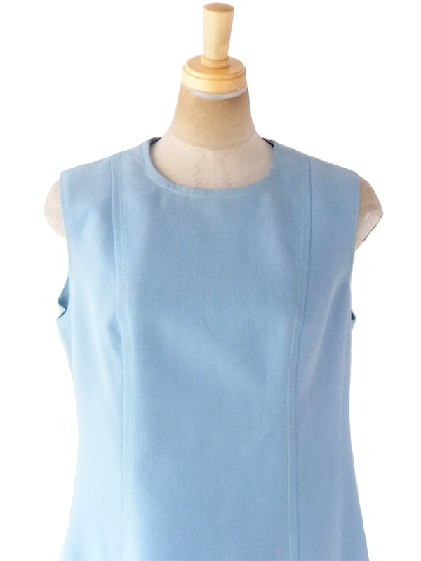 ヨーロッパ古着 フランス買い付け 60年代製 水色 X ステッチ ボックスプリーツ 美麗シルエット ワンピース 19FC412