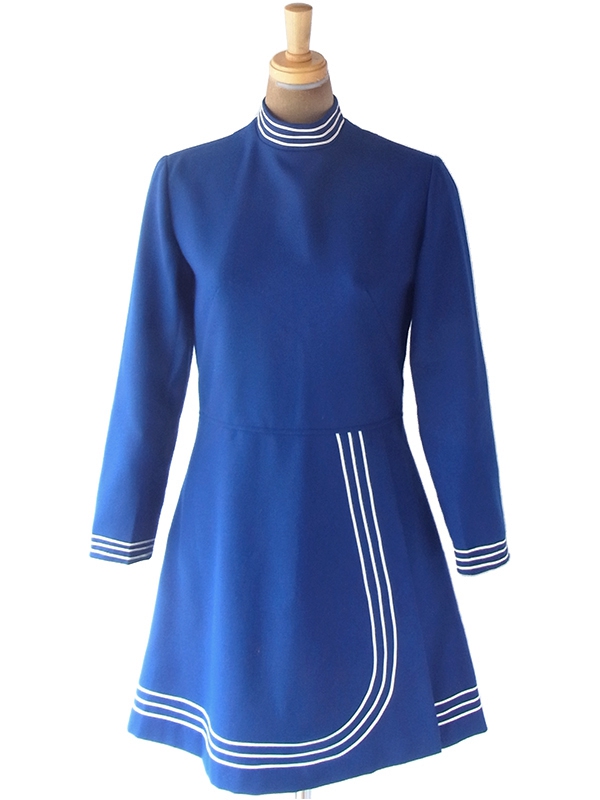 ヨーロッパ古着 フランス買い付け 60年代製 ブルー X ホワイト ライニング スカート前合わせ ワンピース 19FC428