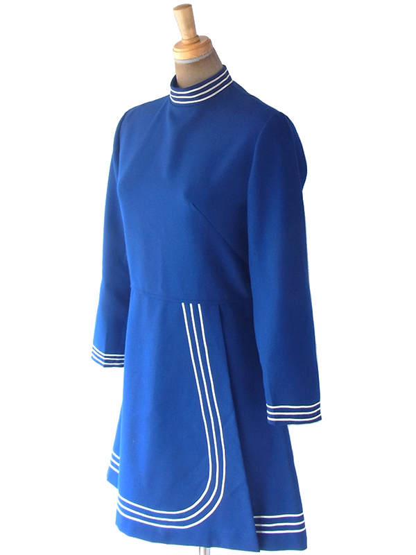 ヨーロッパ古着 フランス買い付け 60年代製 ブルー X ホワイト ライニング スカート前合わせ ワンピース 19FC428