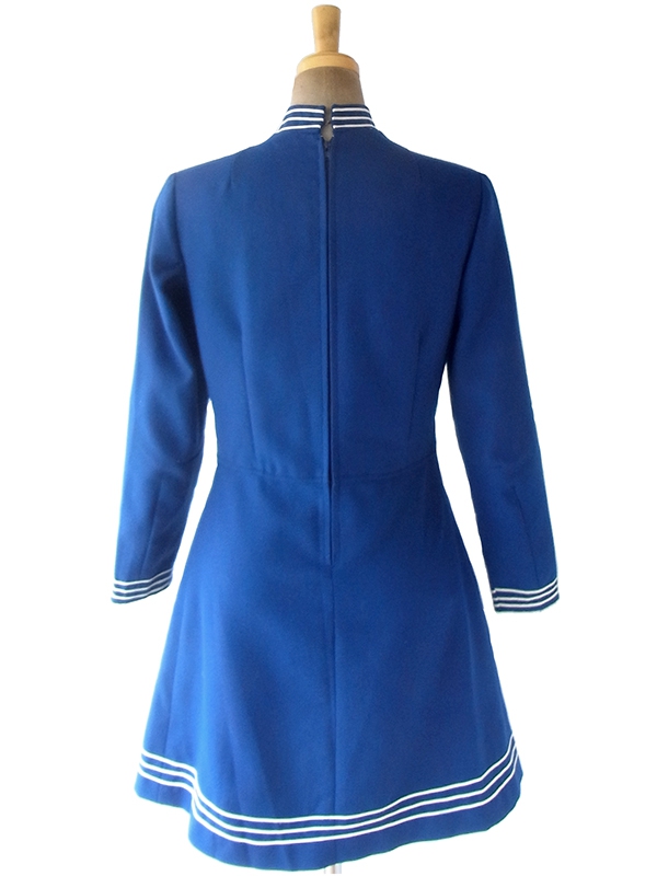 ヨーロッパ古着 フランス買い付け 60年代製 ブルー X ホワイト ライニング スカート前合わせ ワンピース 19FC428