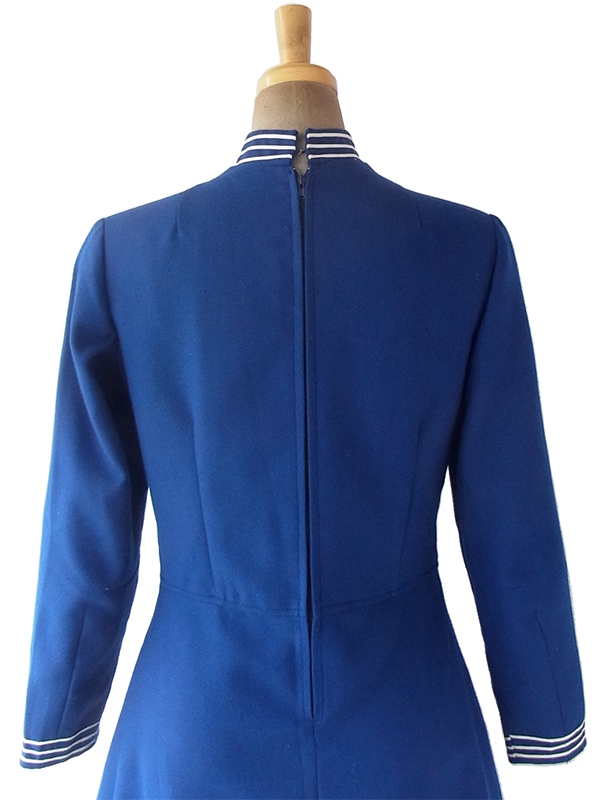 ヨーロッパ古着 フランス買い付け 60年代製 ブルー X ホワイト ライニング スカート前合わせ ワンピース 19FC428