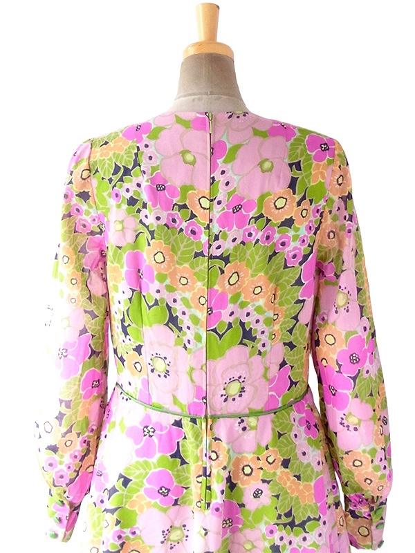 送料無料】ロンドン買い付け 60年代製 ブラック X カラフル花柄 黄緑