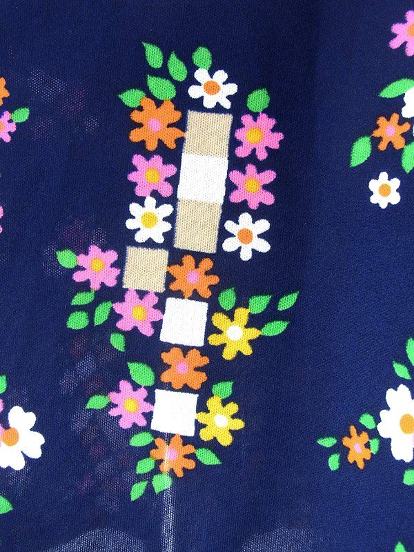 ヨーロッパ古着 ロンドン買い付け 70年代製 ネイビー X カラフル花柄 ピンク ライニング レトロ ワンピース 19OM401