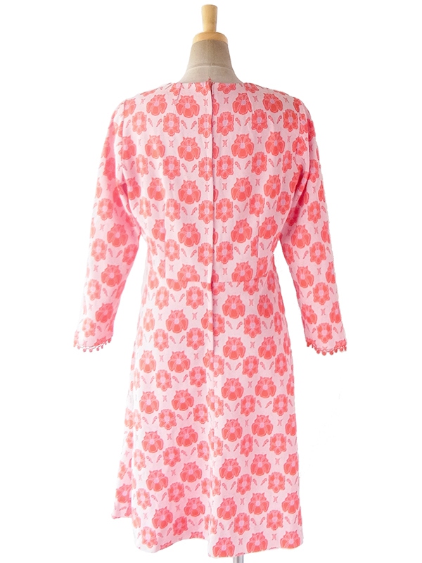 ヨーロッパ古着 ロンドン買い付け 70年代製 朱色 X 淡いパープル 花柄 テープ装飾 ヴィンテージ ワンピース 19OM409