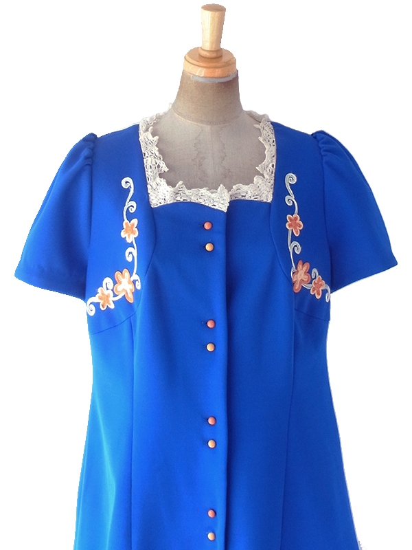 ヨーロッパ古着 ロンドン買い付け 70年代製 ブルー X オレンジ・イエロー 花柄刺繍 レース襟 ワンピース 19OM701
