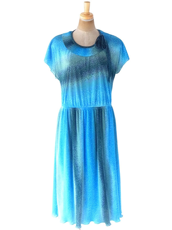 ヨーロッパ古着 フランス買い付け 70年代製 シアンブルー X グリーン・ピンク グラデーション アンブレラプリーツ ワンピース 20FC331