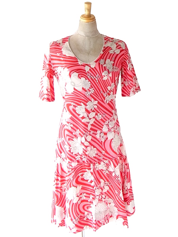 ロンドン買付け 70年代製 ピンク X レッド 花柄・波模様 ヴィンテージ ワンピース 20BS027