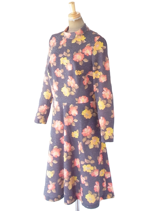 ヨーロッパ古着 ロンドン買い付け 60年代製 グレイ X イエロー ・レッド 花柄 モックネック ヴィンテージ ワンピース 20BS052