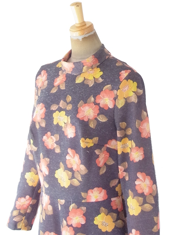 ヨーロッパ古着 ロンドン買い付け 60年代製 グレイ X イエロー ・レッド 花柄 モックネック ヴィンテージ ワンピース 20BS052