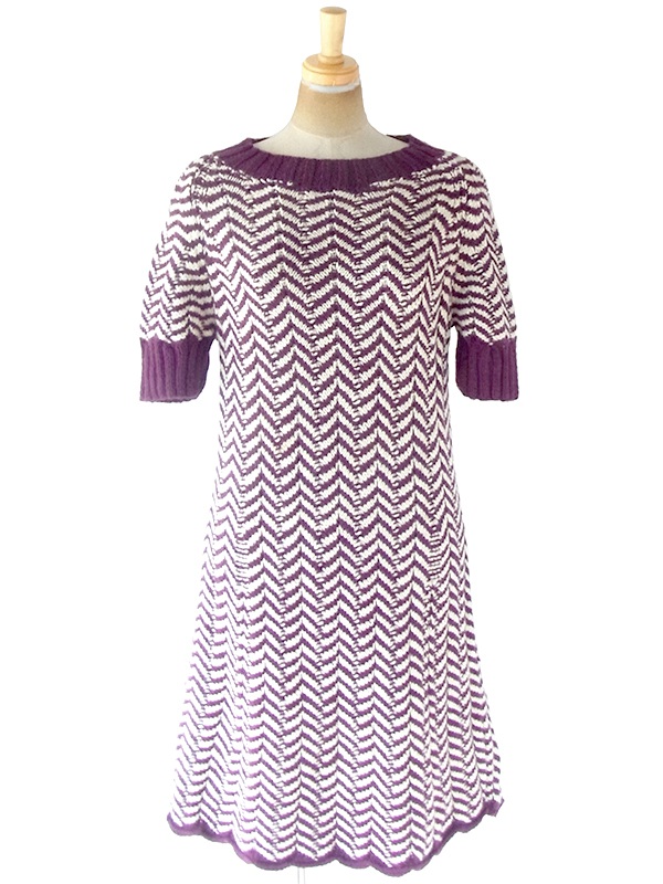 ヨーロッパ古着 ロンドン買い付け 60年代製 バーガンディー X アイボリー バイアス柄 ウール ニット ワンピース 20BS104