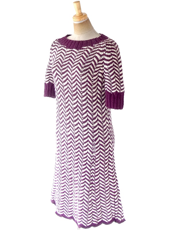 ヨーロッパ古着 ロンドン買い付け 60年代製 バーガンディー X アイボリー バイアス柄 ウール ニット ワンピース 20BS104