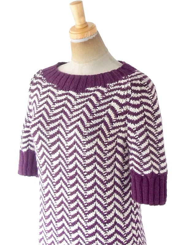 ヨーロッパ古着 ロンドン買い付け 60年代製 バーガンディー X アイボリー バイアス柄 ウール ニット ワンピース 20BS104