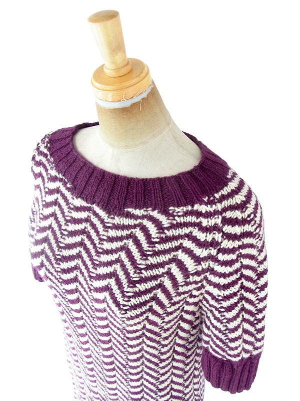 ヨーロッパ古着 ロンドン買い付け 60年代製 バーガンディー X アイボリー バイアス柄 ウール ニット ワンピース 20BS104