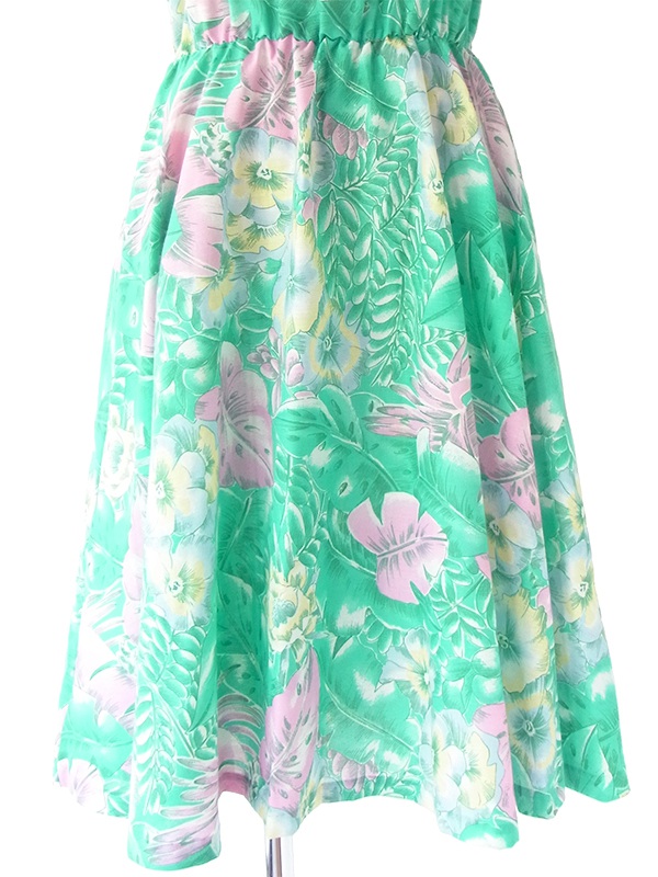 ヨーロッパ古着 フランス買い付け 60年代製 エメラルドグリーン X 花柄プリント ヴィンテージ ストラップ ワンピース 20FC106