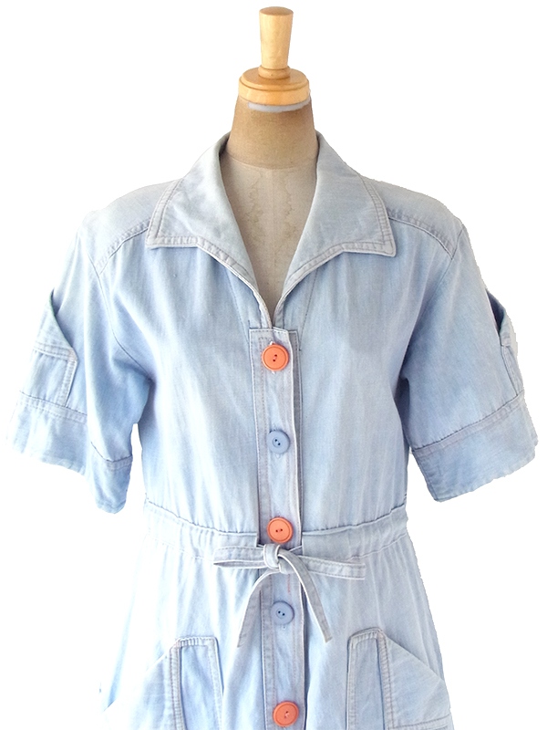 ヨーロッパ古着 フランス買い付け 60年代製 水色  通し紐ベルト ヴィンテージ デニム ワンピース 20FC115