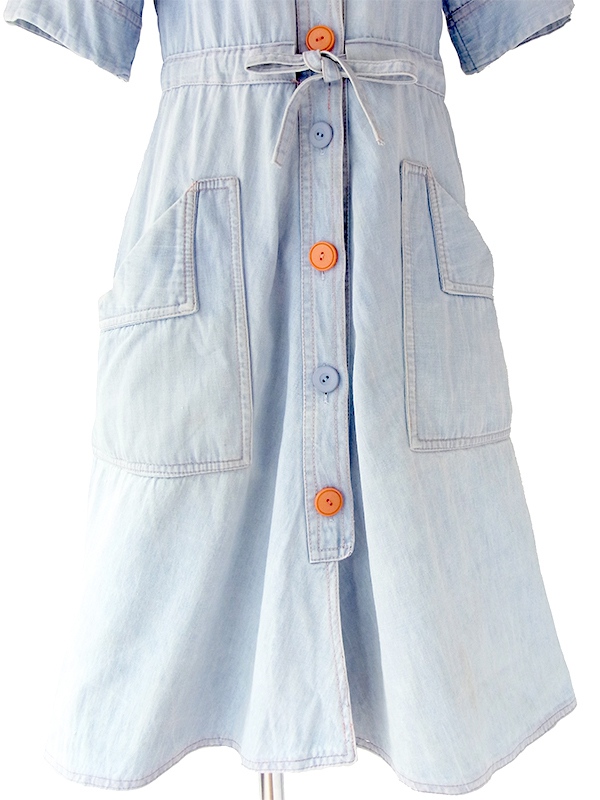 ヨーロッパ古着 フランス買い付け 60年代製 水色  通し紐ベルト ヴィンテージ デニム ワンピース 20FC115