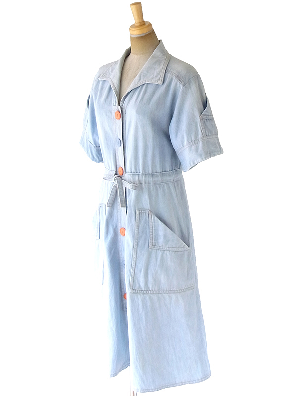 ヨーロッパ古着 フランス買い付け 60年代製 水色  通し紐ベルト ヴィンテージ デニム ワンピース 20FC115